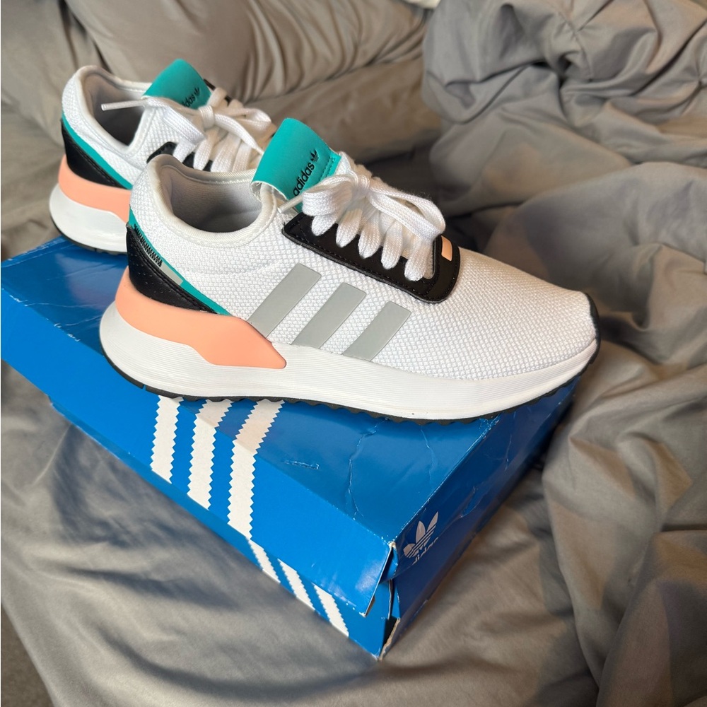 Adidas White and Black Sneakers with Coral and Teal Highlights